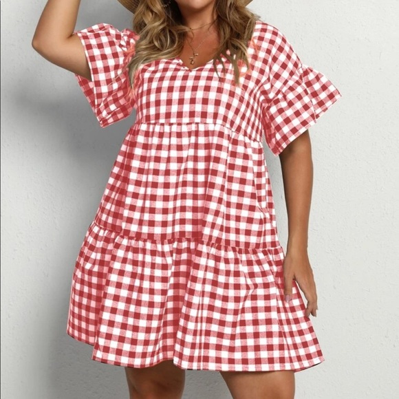 Boho plus size gingham flounce sleeve dress - Picture 12 of 12